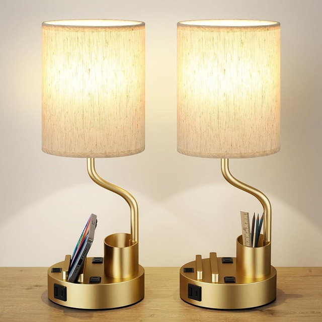 Gold Bedside Table Lamps for Bedroom Set of 2 - Nightstand Light with AC Outlet and USB A & C for Charging, 3 Color Temperatures Desk Lamp with Pen Holder & Phone Stand for Living Room/Dorm/Office