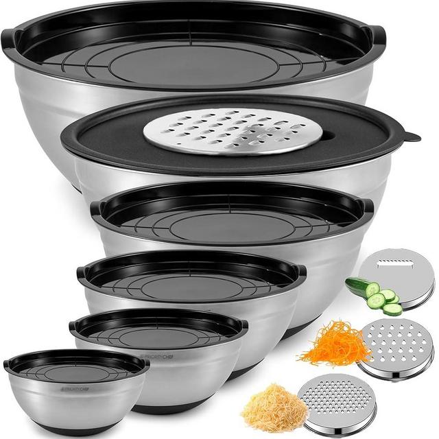 Priority Chef 6Pc Large Mixing Bowls With Lids Set with Non-Slip Bases, Stainless Steel Mixing Bowl Set, 6 Airtight Lids and 3 Graters, Black