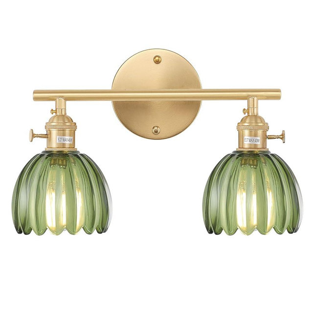 Shenmoyl Bathroom Light Fixtures, 2-Light Brass Vanity Wall Light Over Mirror with Green Tulip Glass Shade for Bedroom Living Room