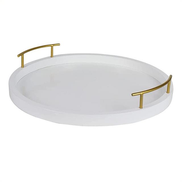 Hanna Roberts Decorative Wood Tray with Gold Metal Handles for Parties, Guests, Occasions, and Special Events (White)