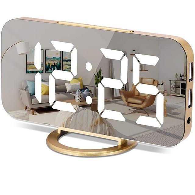 Digital Alarm Clock,7 in LED Mirrored Clocks Large Display,with 2 USB Charger Ports,Auto Dim,Night Mode,Modern Desktop Electronic Clocks for Bedroom Home Office Decor - Gold