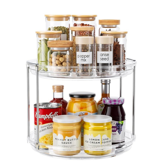 LAMU 10.6in 2 Tier Lazy Susan Turntable Organizer Rotating Spice Rack Organization for Cabinet, Kitchen Pantry, Countertop, Bathroom, Vanity, Medicine Cabinet Organizer, Clear
