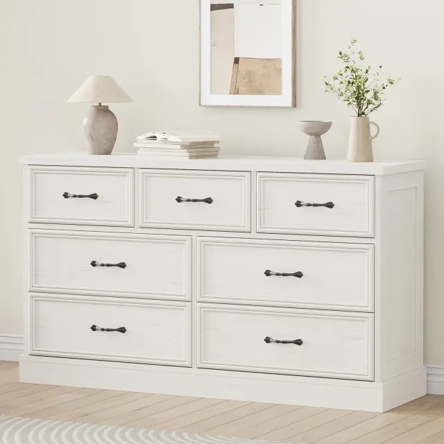 Farmhouse 7 Drawer Dresser, 55" Wide 7 Chest of Drawers Storage with Sturdy Foundation, White Wooden TV Stand for Bedroom Living Room Nursery