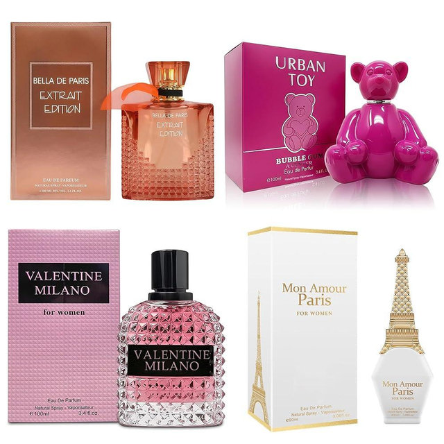 A CENTER 4PCS Perfume Set for Women - Floral Fragrance Gift Set with Vanilla,Sweet Fruity, Eau De Parfume| 3.4 Fl Oz Each Women's Cologne(Valentine Milano,Mon Amour Paris,Bella De Paris,Urban Toy)