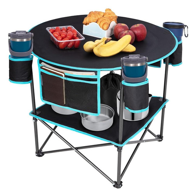 FUNDANGO All in One Tailgate Table, Portable Beach Table with Cup Holders, Camping Table Foldable with Side Pockets Carry Bag for Camp Outdoor Sand Beach Picnic Fishing Tailgating Essentials