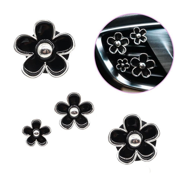 ORIESSE 4pcs Cute Daisy Flowers Car Air Freshener Vent Clips,Girly Flowers Car Accessories for Women,4 Sizes Sparkle Black Silver Flower Car Vent Clips,Refillable Clips On Car Diffuser