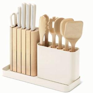 Wooden Utensil Set & Knife Block + Holder | Stainless Steel | Caraway I Color Cream