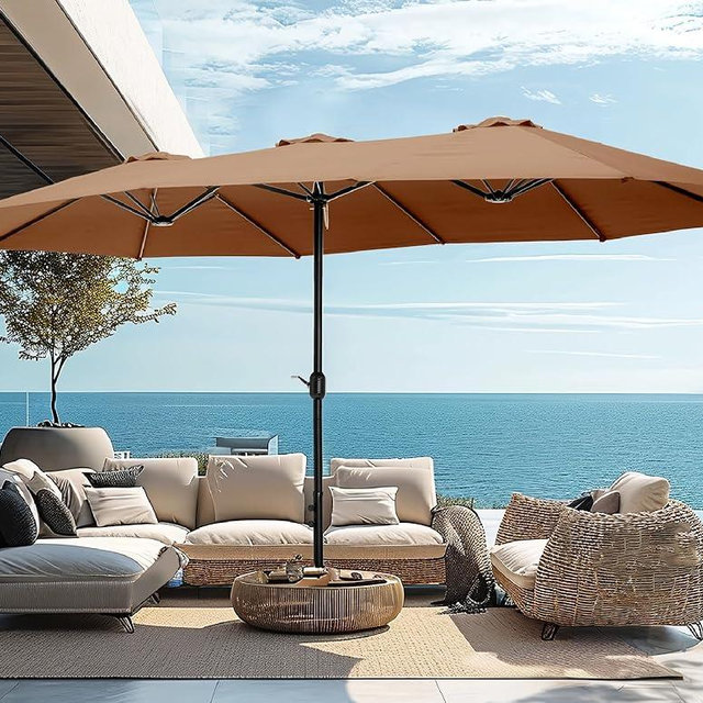 PHI VILLA 15ft Large Patio Umbrellas with Base, Outdoor Double-Sided Rectangle Market Umbrella for Pool Lawn Garden, Maillard Brown