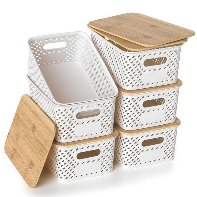ZFTMRR Plastic Storage Bins with Bamboo Lids, Stackable Small Box Baskets for Organizing and Containers for Shelves Drawers Desktop Closet Pantry Classroom Office Home, 6 Pack 10.2x7.2x4.1 Inch, White