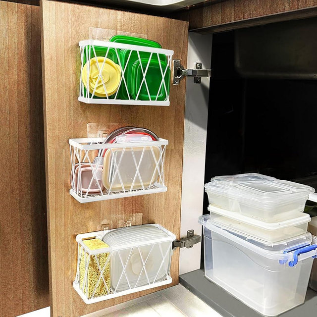 Rise age Adhesive Cabinet Organizer Storage, Adhesive Cabinet Door Organizer Wall Mounted Lid Organizer No Drill Kitchen Cabinet Organizers Storage for Slim Space 3 Pcs White Stainless Steel