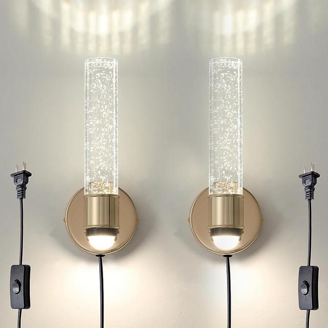 YZMARYT YZ-W-B01 Modern Plug in Wall Sconces Set of 2 Gold,Led Wall Lights for Bedroom,Crystal Bubble Cylinders,2 Pack