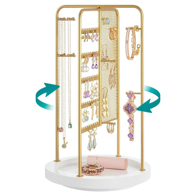 SONGMICS Jewelry Stand, Rotating Jewelry Display, 4 Independent Sections, Metal Frame, with Bottom Tray, Jewelry Organizer for Necklaces, Bracelets, Earrings, Rings, Gift Idea, Gold UJJS023A01