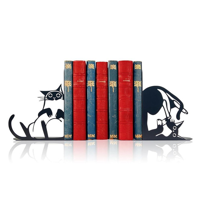 Cute Cat Metal Bookends Cat Book Ends for Shelves Bookshelf Decorative Objects Home Office Desk Bookshelf Decor Cat Lover Gifts for Women