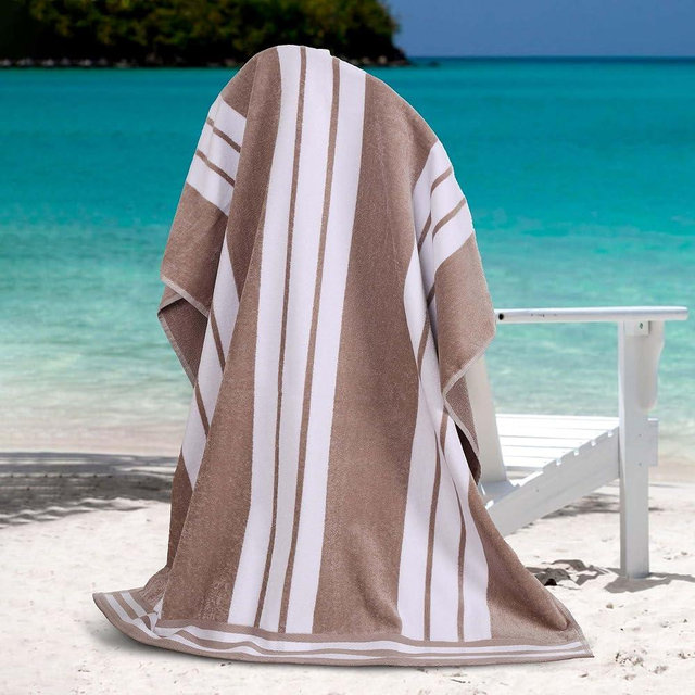 Superior Oversized Cotton Beach Towel Set of 2, Absorbent Towels for Bathroom, Beach, Pool, Swim, Adults, Kids, Vacation, Travel, Bath Sheet, Quick Dry Basics, Trip Essentials, Striped Decor, Taupe