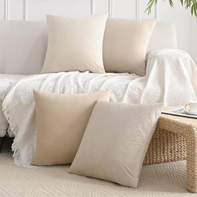 JELLYMONI Velvet Throw Pillow Covers Set of 4, 18 x 18 Inch Champagne Decorative Cushion Covers, Soft Square Pillowcases for Sofa, Couch, Bed – No Insert Included