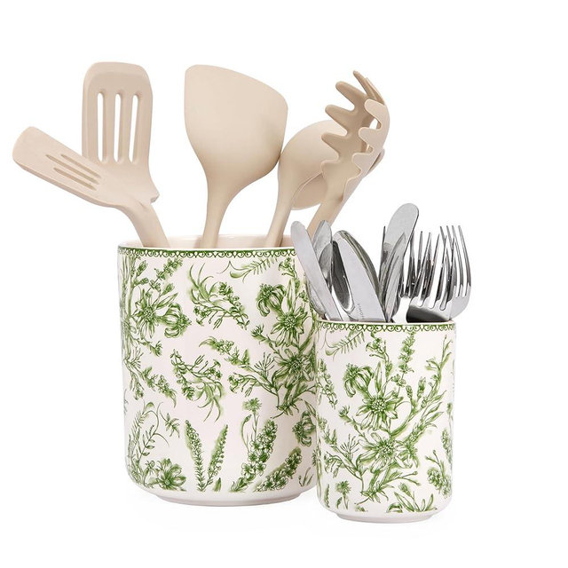 Bico Green Garden Toile De Jouy Ceramic Utensil Holder Set of 2, Ceramic Kitchen Utensil Crocks for Countertop, Large Cooking Tool Holder Counter Decor, Spatula Organizer