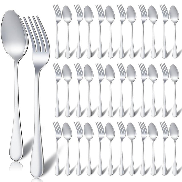 48 Pcs Spoons and Forks Set Stainless Steel Bulk Silverware Flatware Cutlery Sets Silver Metal Spoon Dinner Salad Forks for Kitchen Home Restaurant Party Dessert