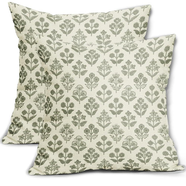 Sage Green Floral Pillow Covers 18x18 Inch Set of 2, Vintage Flower Block Print Pattern Decorative Throw Pillowcases Outdoor Farmhouse Cushion Covers Spring Summer Rustic Sofa Couch Bed Decor