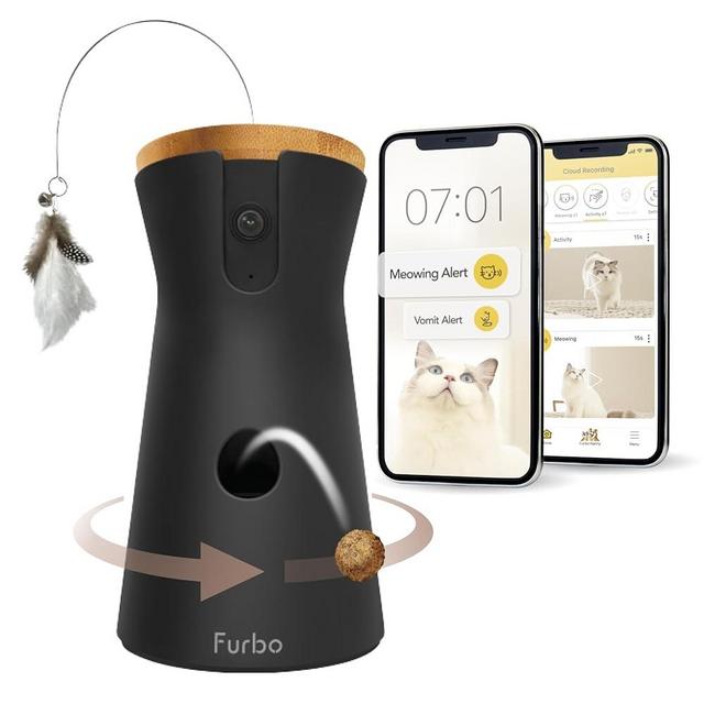 Furbo 360° Cat Camera [Premium Safety Package- Subscription Required] Designed for Cat with 360° Tracking, Feather Wand Toy, Treat Toss, Meow Detection, Home Emergency Alerts, Indoor Outdoor Usage