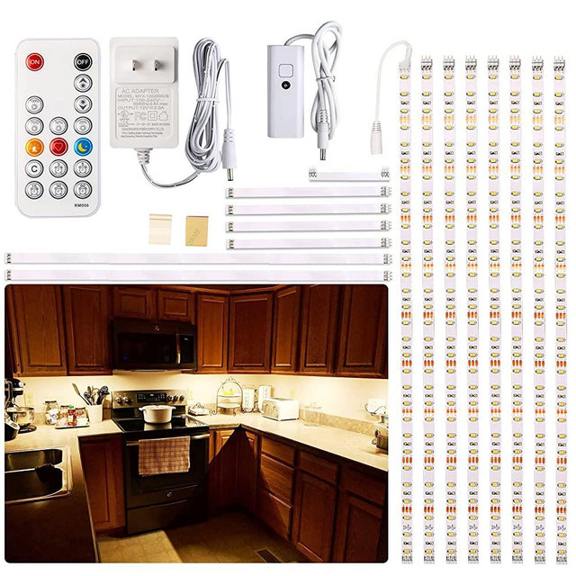 WOBANE Under Cabinet LED Lighting kit, 8PCS LED Strip Lights with Remote Control Dimmer and Adapter, Dimmable for Kitchen Cabinet,Counter,Shelf,TV Back,Showcase 2700K Warm White,Bright 1900lm,Timing