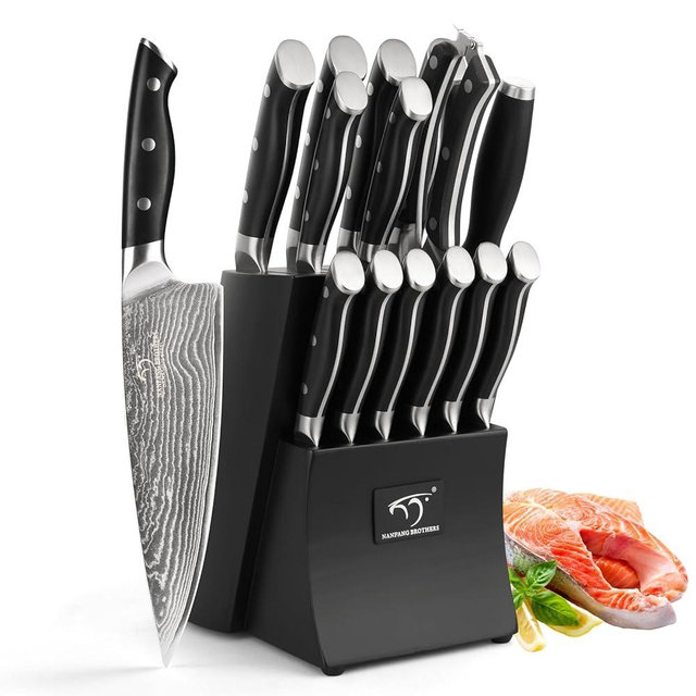 Damascus Kitchen Knife Set, 15-Piece Black Kitchen Knife Set with Block, ABS Ergonomic Handle for Chef Knife Set and Serrated Steak Knives Knife Sharpener and Kitchen Shears, Wooden Block