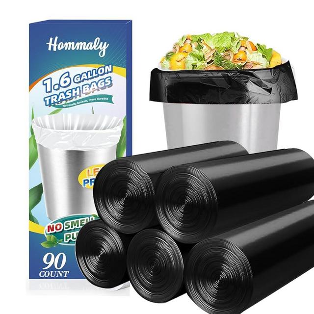 1.6 Gallon 90 pcs (Fit 1.3-1.6 Gal) Small Black Trash Bags, Strong 1.3 Gallon1.5 Gallon 1.6 Gallon Garbage Bags, Bathroom Trash Can Bin Liners, Mini Bags for Waste Basket Liner,Fit 5-6 Liters -Black
