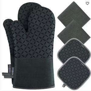 6-piece Oven Mitts and Pot Holders with High Heat Resistant 500° and Non-Slip Silicon Surface for Cooking in Deep Green