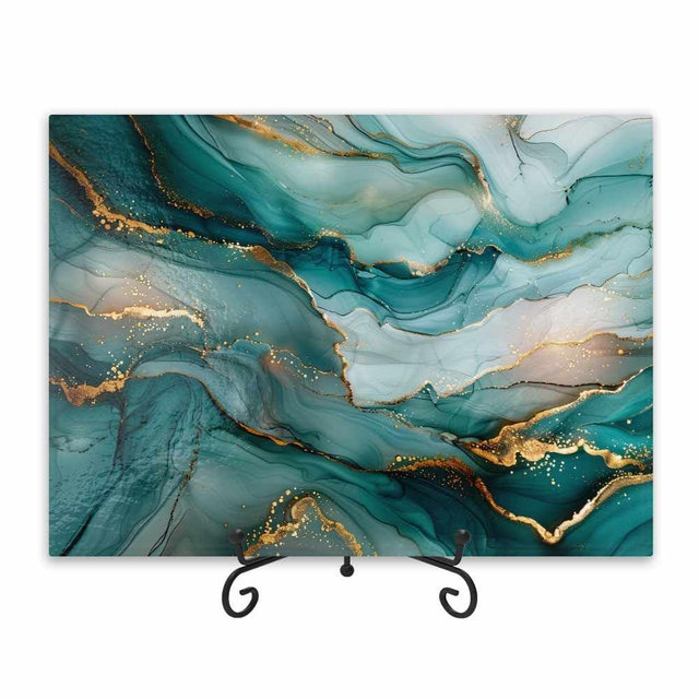 Joy Tempered Glass Cutting Board, Kitchen Glass Cutting Board 15"x11", Charcuterie and Cheese Serving Tray, Housewarming Gift and Home Decor (TEAL MARBLE DESIGN)
