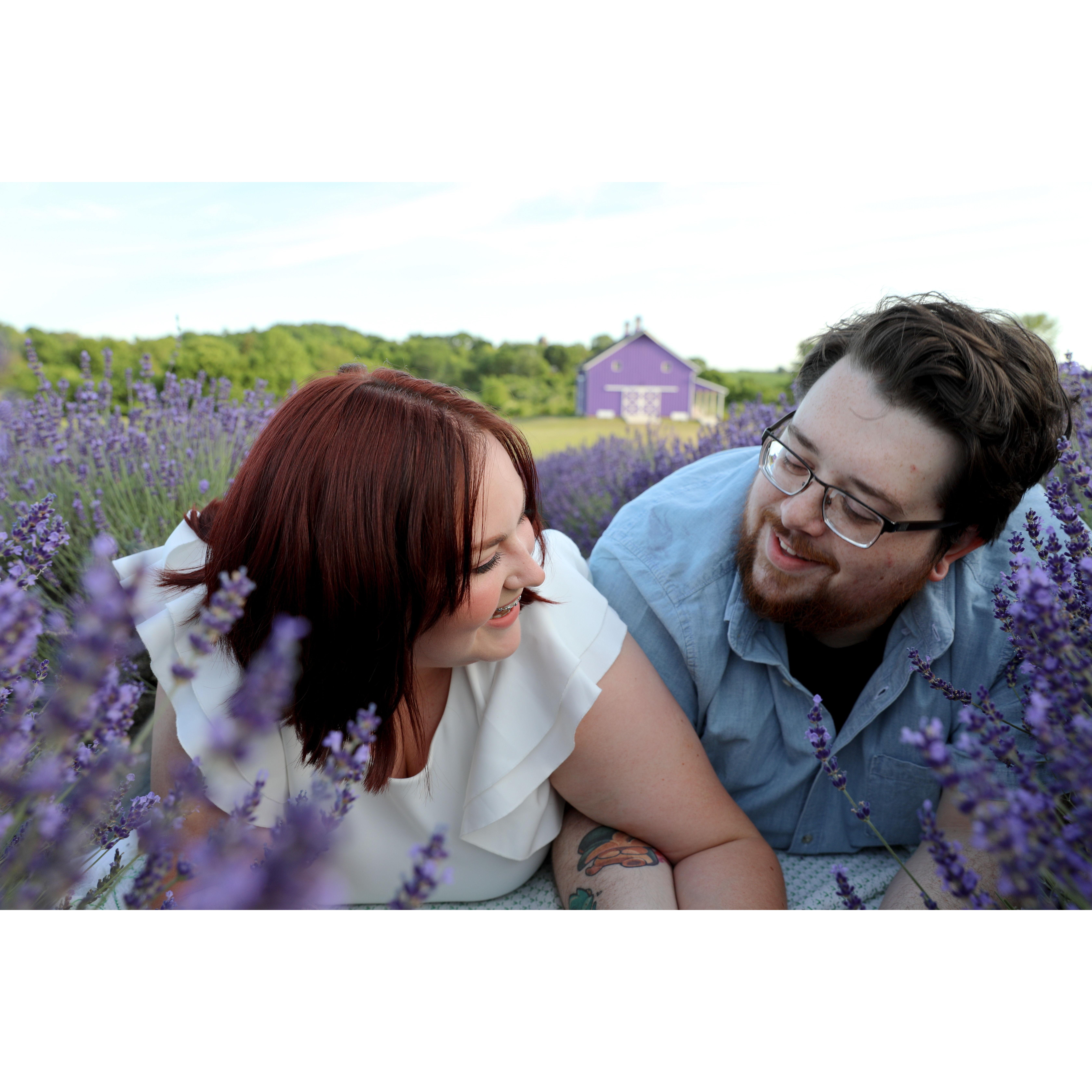 Engagement photoshoot at Sunset Ridge Lavender Farms. Photographer was Bloom Photography, LLC