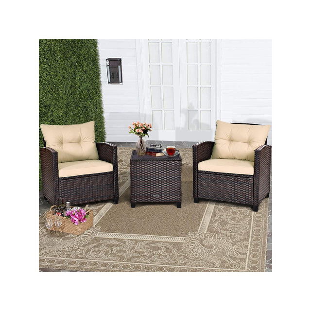 Costway 3PCS Patio Rattan Furniture Set Cushioned Conversation Set Sofa Coffee Table Beige