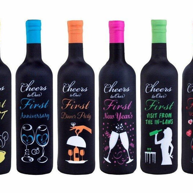 Tipsy Toasts: The Original First Year of Marriage Milestones Wine Bottle Covers - Bridal Gift - 6 Pack