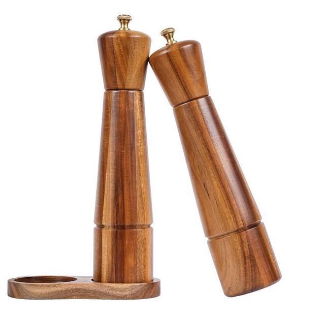 DeroTeno Salt and Pepper Mill Set with Tray, Adjustable Ceramic Grinder Salt Mill, Stainless Steel Grinder Pepper Mill, Acacia Wood, 27 cm / 10 inch Height, Bottom Dia 6 cm (Tray is Included)