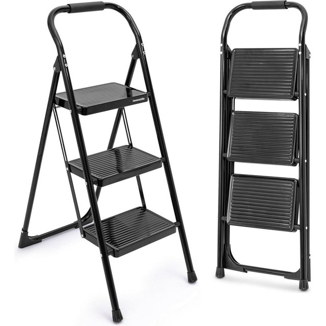 SereneLife 3-Step Folding Step Ladder SLSTL3WH Steel Anti-Slip Pedal - Black