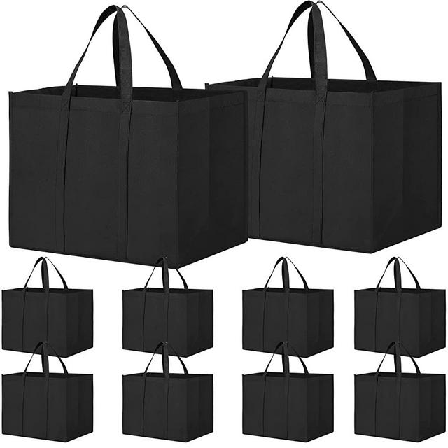 WISELIFE Reusable Grocery Shopping Bags 10 Pack Large Foldable Tote Bags Bulk, Eco Produce Bags with Long Handle for Shopping Groceries Clothes (Black)