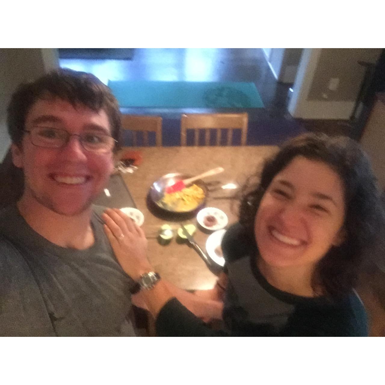 The first picture of us as an ENGAGED couple! Eating, of course.