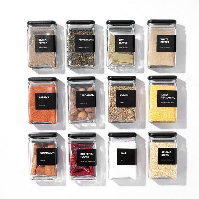 APT 1101 Glass Square Spice Jars with Labels, 4oz Glass Jars with Bamboo Lids, Spice Bottles, Seasoning Organizer, 12 Pack (Black)