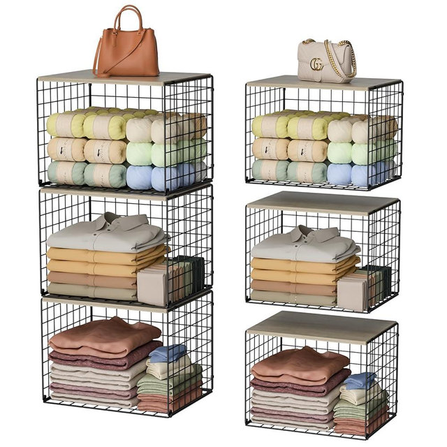 Extra-Long Closet Organizers and Storage with Top Board, 3 Pack Stackable Closet Shelf Organizer, Double Storage Design Clothes Storage Cube/Bin Organizer for Wardrobe,Space-Saving, Black,Sturdy,Metal