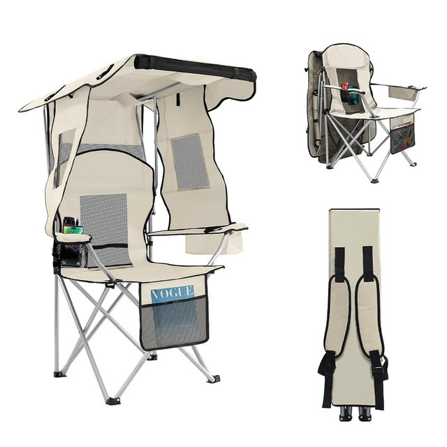ptlsy Folding Camping Chair with Canopy, Beach Chair with Canopy Shade with Cup Holders, Cooler Bag for Camping, Fishing, Beach, Sports and Concert (White)