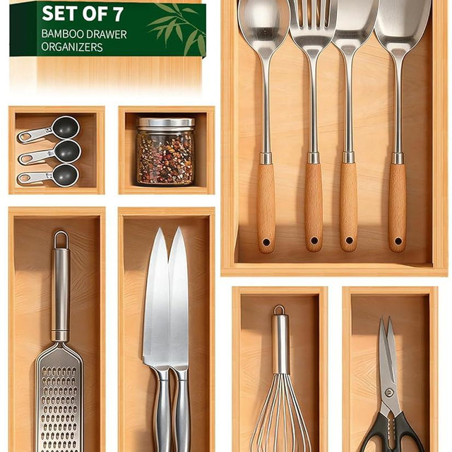 Bamboo Drawer Organizer 7 Pcs for Kitchen Multi-purpose Storage Dividers for Kitchen, Office, Jewelry, Cosmetics, Wooden Drawer Dividers for Drawer Organizer Desk Organizer Gift for Women Gifts Idea