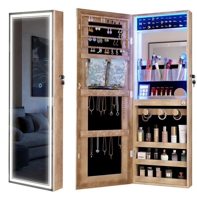 Vlsrka Jewelry Mirror Cabinet with LED Lights, Wall Mounted/Door Hanging Full Length Jewelry Mirror, Lockable Storage Cabinet, Built-in Makeup Mirror for Bedroom Cloakroom (Brown)