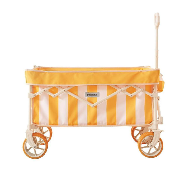 DEER LAND Beach Wagon for Sand with 6.7" Fat Tires, Foldable Beach Cart for Beach & Camping, Large Capacity Easy-Pull Wagon, Cala Serena Ochre Stripe