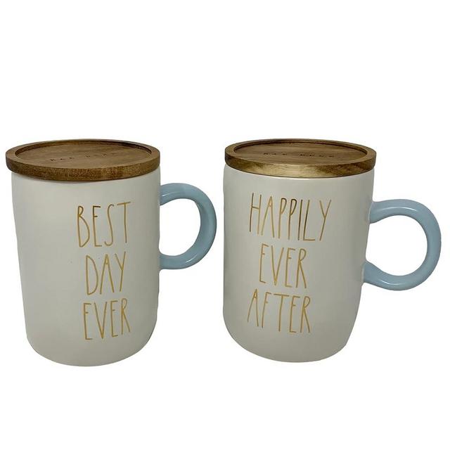 BEST DAY EVER & HAPPILY EVER AFTER RAE DUNN MUG SET with GOLD LETTERS, BLUE HANDLES, and WOODEN/COASTER LIDS – Rae Dunn Artisan Collection By Magenta – Celebrate your love with this romantic mug