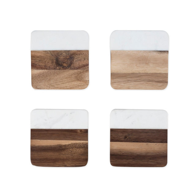 Twine Marble and Acacia Coasters, Modern Square Coasters, Acacia Wood, Marble, Protect Tables and Surfaces, Set of 4