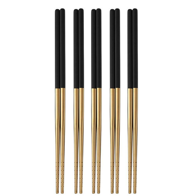 Stainless steel Chopsticks,Metal Chopsticks Reusable Cute Stainless Steel Chop Sticks Dishwasher Safe Square Colorful Multicolor Handle (gold-black)