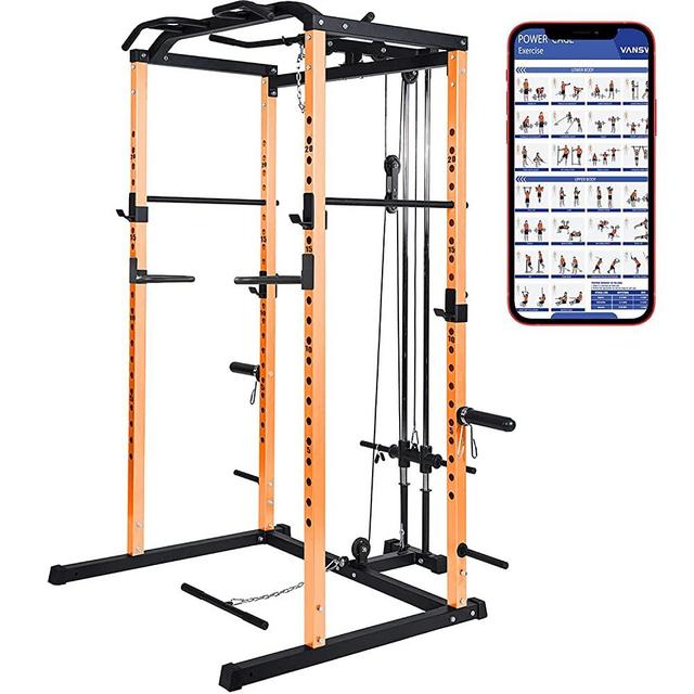 VANSWE Power Cage with LAT Pull Down Attachment, 1000-Pound Capacity Power Rack Full Home Gym Equipment with Multi-Grip Pull-up Bar and Dip Handle (Upgraded Version)