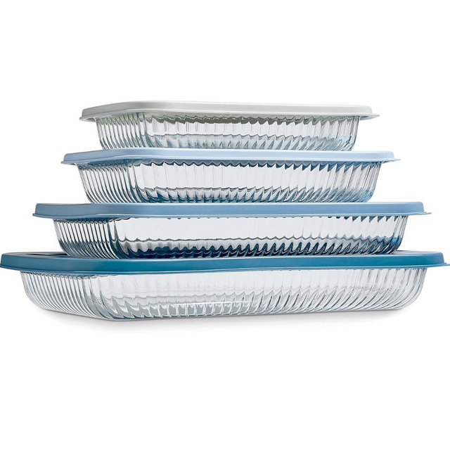 COOK WITH COLOR 8-Piece Deep Glass Baking Dish Set with Plastic Lids – Casserole and Food Storage Containers for Lasagna, Leftovers – Freezer-to-Oven, Microwave & Dishwasher Safe, Fluted Blue