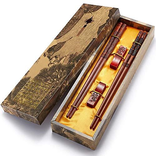 Chopstick Reusable Chinese Dragon and Phoenix Chopsticks with Holder and Carrying Bag Chinese Traditional Stylish Gift Set（2 Pairs）