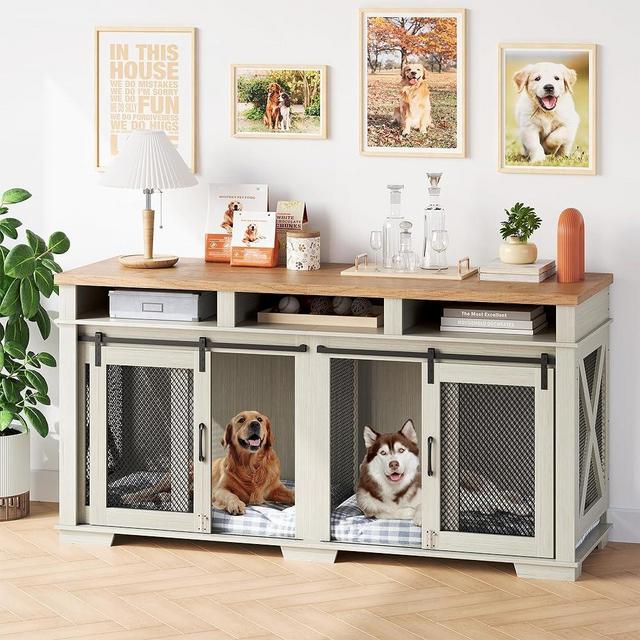 IDEALHOUSE Dog Crate Furniture, 71 Inch Wood Dog Kennel for 2 Medium Dogs, Indoor Dog House for Large Dog, Heavy Duty Dog Cage with Double Doors, White/Light Oak