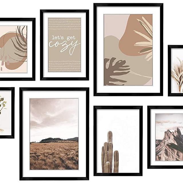 ArtbyHannah 8 Pack Gallery Wall Kit Decorative Art Prints Black Picture Frame Wall Art Decor & Hanging Template Picture Frame Set for Home Decoration,Multi Size 12" x 16",8" x 12",8" x 10",6" x 8"