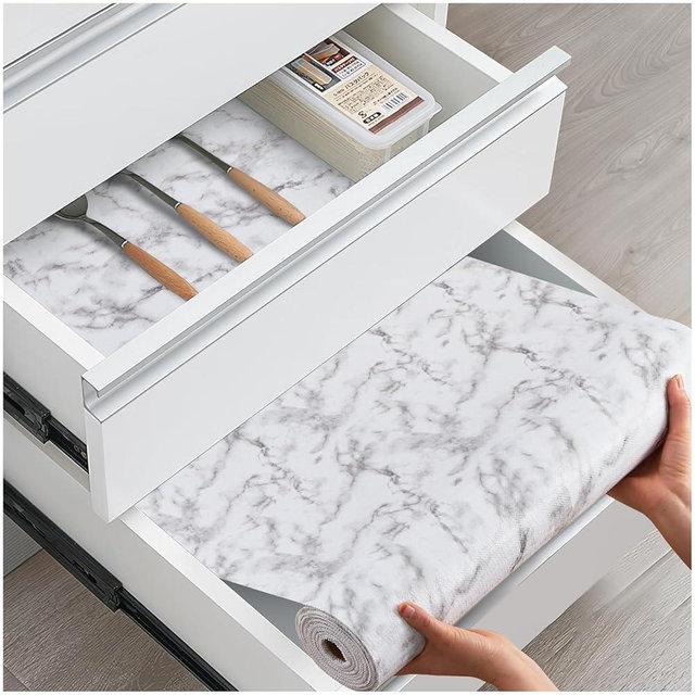 ALIUNI Drawer and Shelf Liner, Non-Slip Kitchen Cabinet Liners Non-Adhesive Thick Strong Grip Waterproof Washable Mats Protect Dresser Shelves Cupboard Bathroom Cabinets, White Marble, 18 in X 30 FT